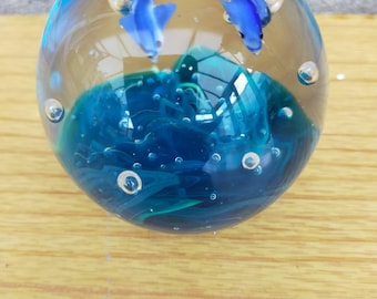 Blue Dolphins Swimming in the Ocean Art Glass Paperweight; Vintage Paperweight, Glass Paperweight, Hand Blown Glass, Art Glass