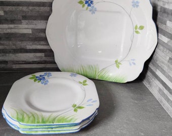 Bone China Cake Plate - Serving Plate & 4 Tea Plates