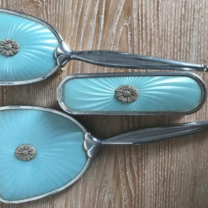 Blue Dressing Hair Brush and Hand Mirror, Faux Guilloche