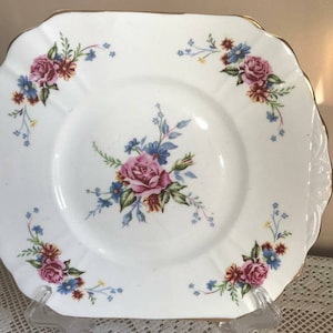 Crown Bank China Cake Plate - 1960s Serving Plate, Pink Flower Pattern