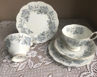 Pair of Royal Albert Silver Maple Trios - Teacup, Saucer and Tea plate. Vintage cup and saucer. Home decor.