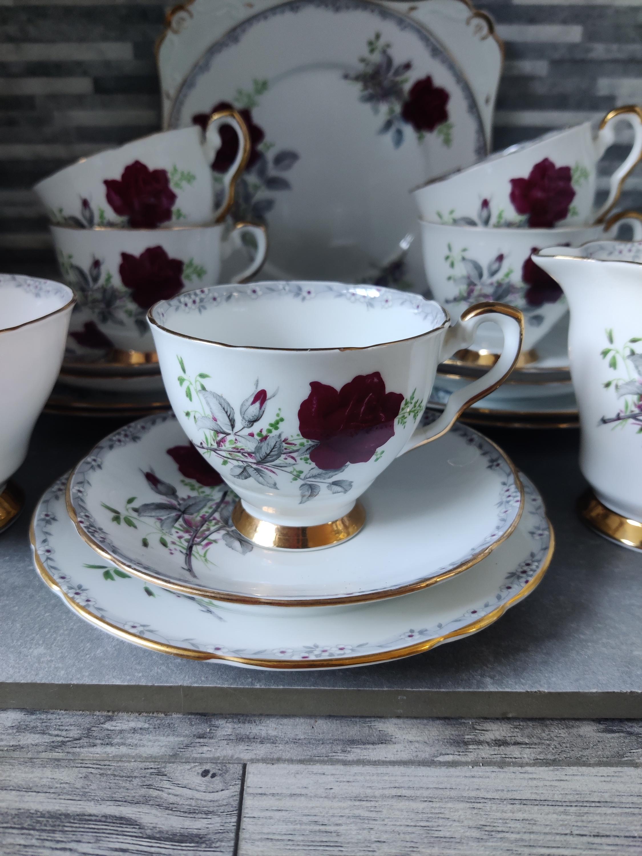 Royal Stafford Roses to Remember Tea Set: Vintage Red Rose Teacups