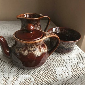 Brown Drip Glaze Pottery - Teapot, Jug and Bowl