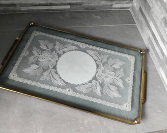 Vintage Lace Glass Tray, Dressing Table Tray, Petit Point, embroidery