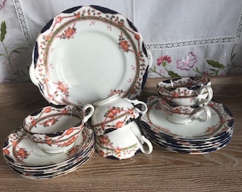 Set of 5 Sutherland Blue Imari Trios - Tea Plate, Teacup and Saucer + Cake Plate
