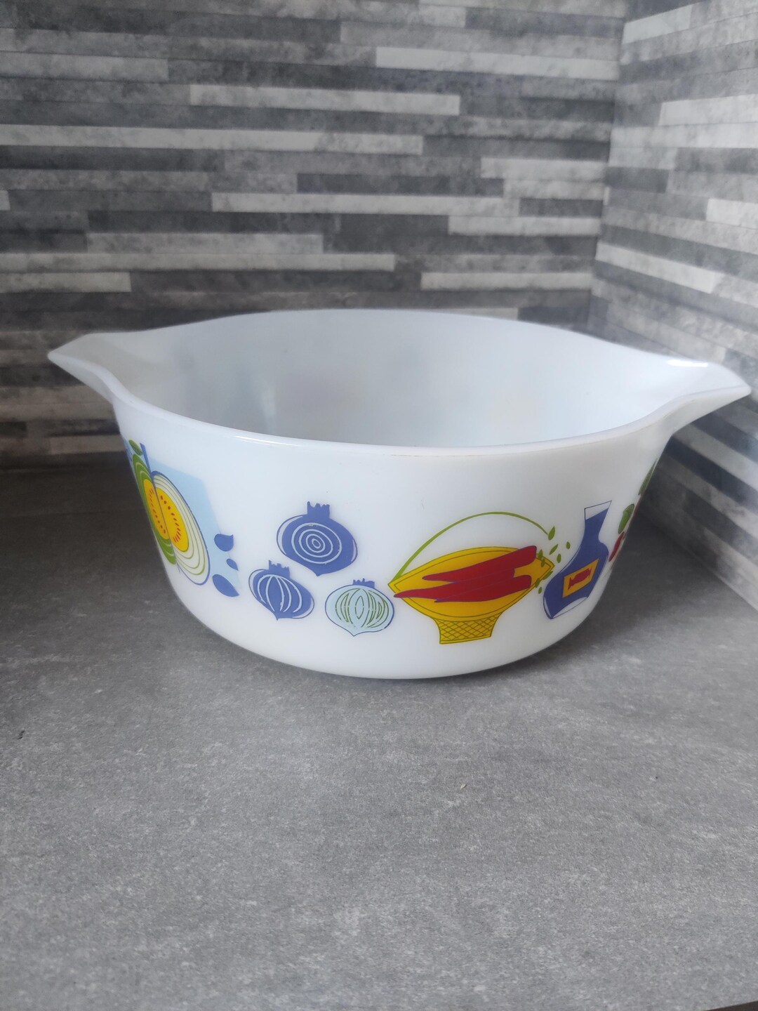 White Pyrex Casserole Dish With Vegetable Pattern, Fiesta, Kitchenalia ...