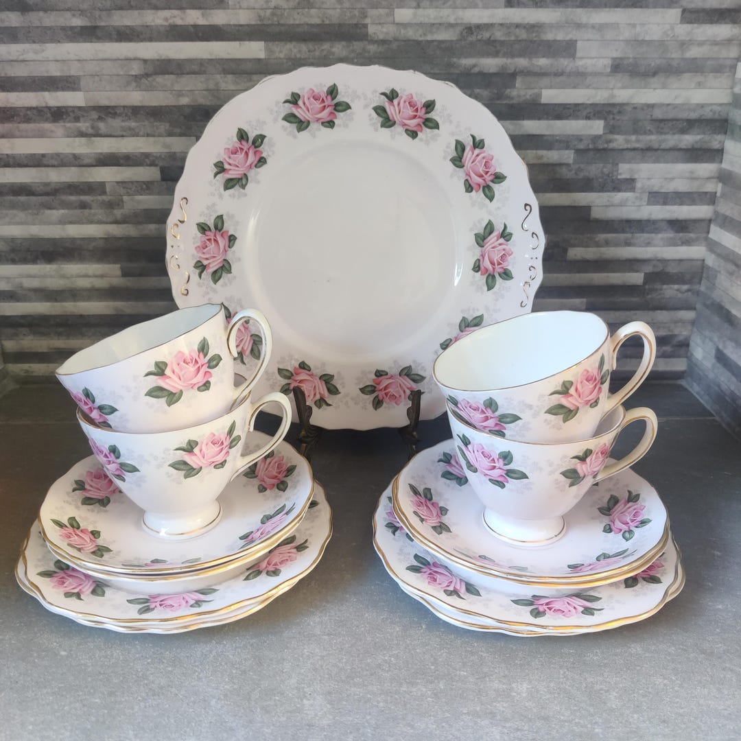 Colclough Pink Rose Floral Tea Set - Set of 4 Colclough Teacup, Saucer ...