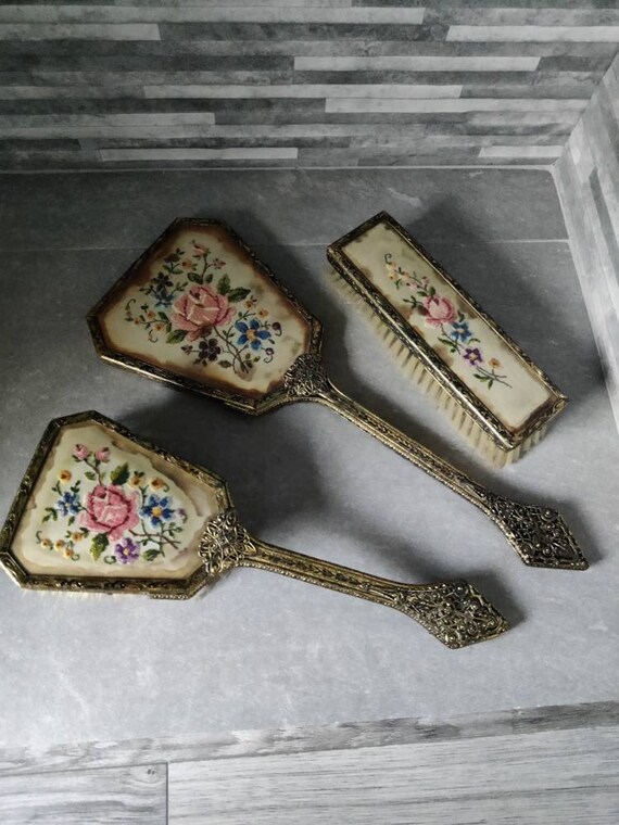 Pair of Embroidered Dressing Table Brushes and Hand Mirror Etsy