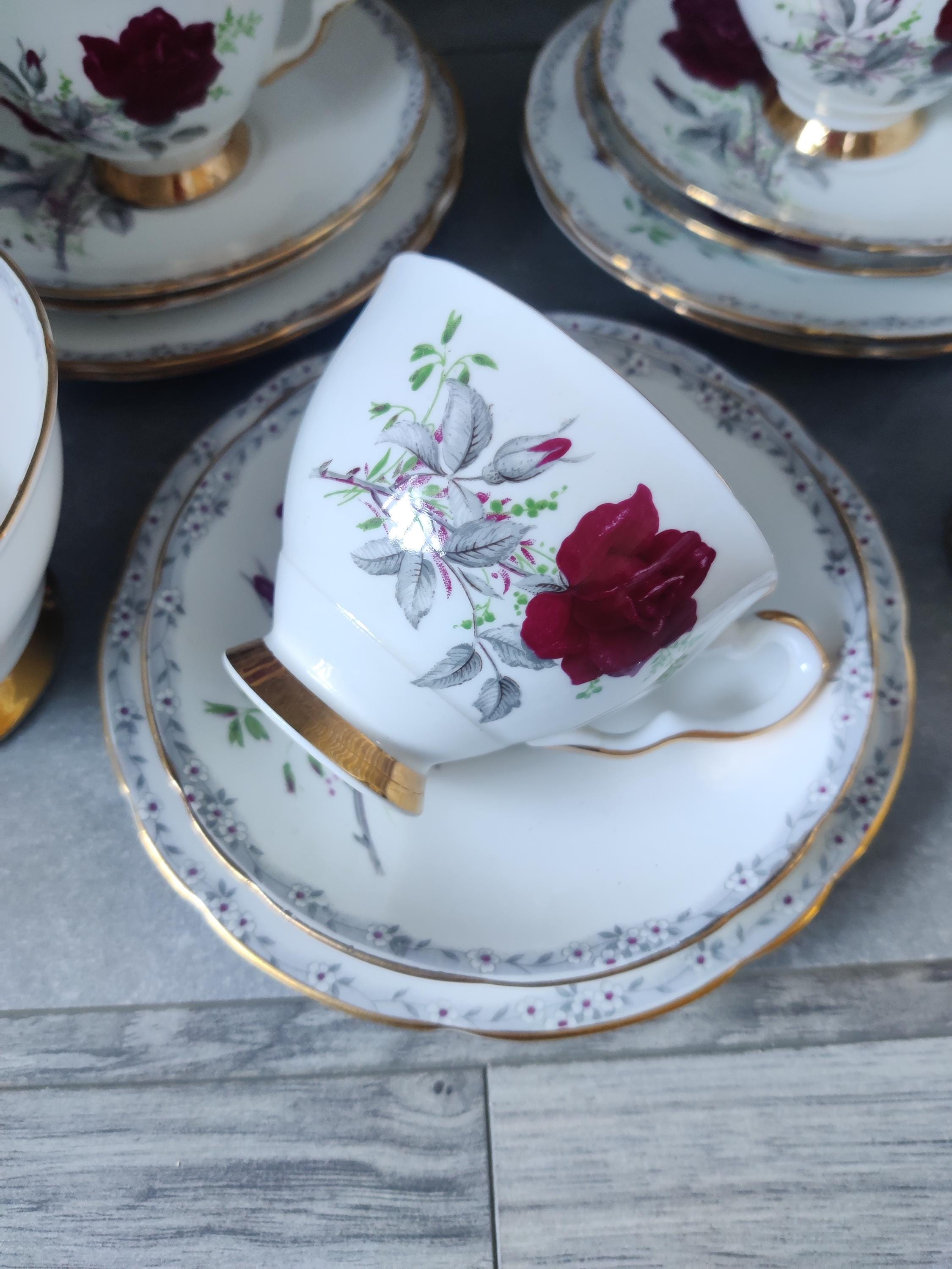 Royal Stafford Roses to Remember Tea Set: Vintage Red Rose Teacups