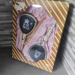 Boxed Dressing Table Set - Hair Brush, Mirror & Comb, Queen Elizabeth Silver Jubilee Commemorative Set