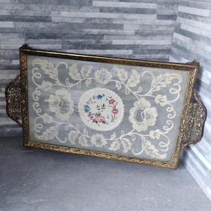 Bandeja de cristal con encaje vintage, bandeja para tocador, Petit Point, bordado