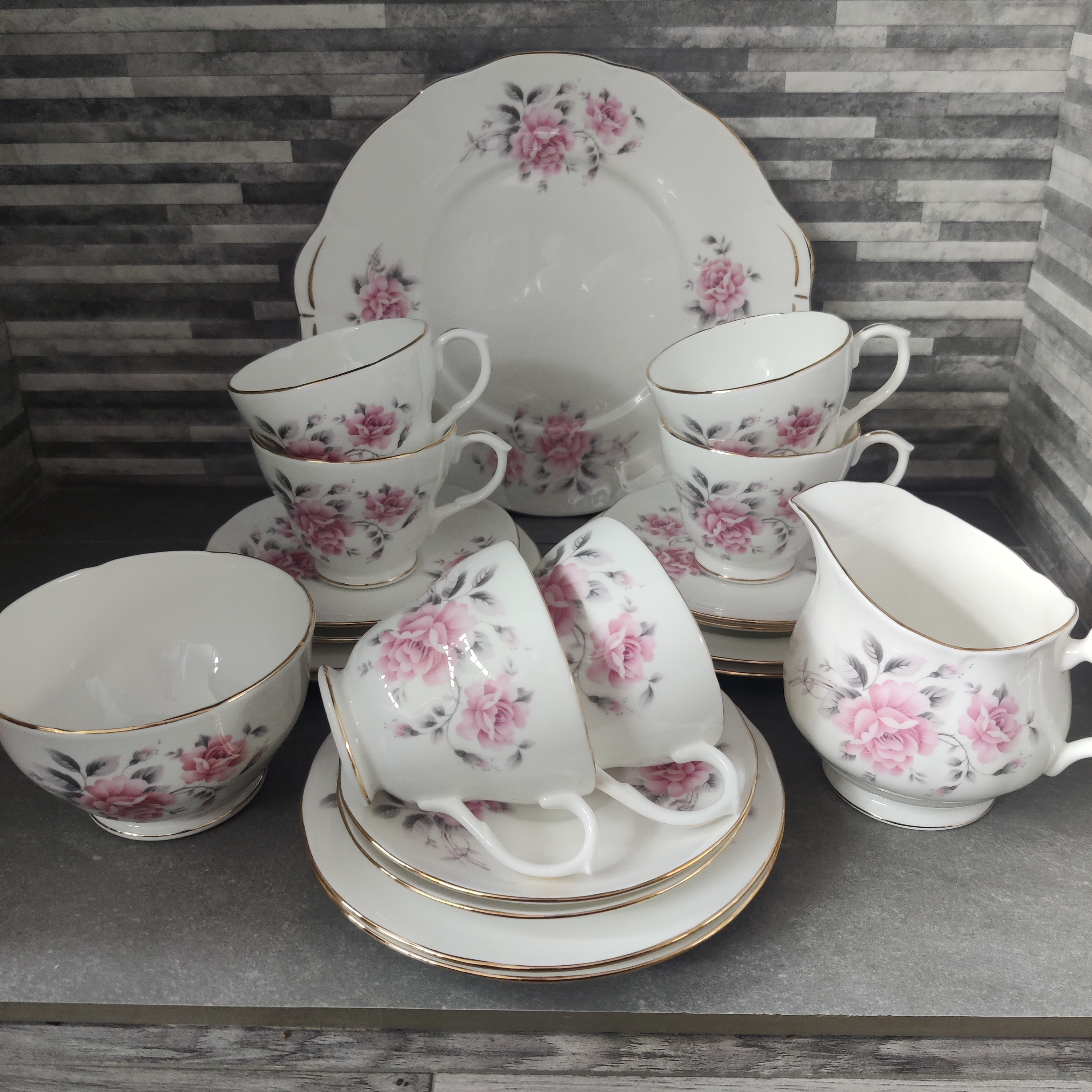 Pretty Duchess Pink Rose China Tea Set - Trio X 6, Cake Plate