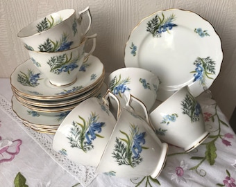 Set of 6 Melba Teacup, Saucer and Tea Plate. Vintage trio. Blue Flower Pattern.