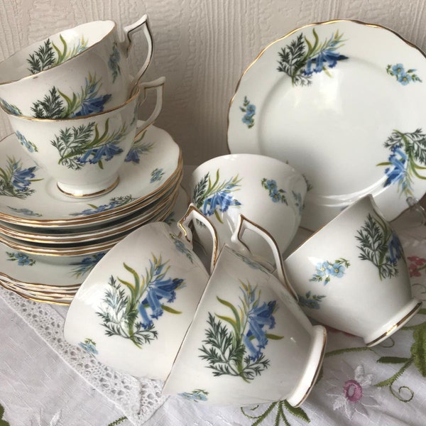 Set of 6 Melba Teacup, Saucer and Tea Plate. Vintage trio. Blue Flower Pattern.