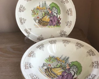 Purple and Yellow Crinoline Lady Bowls, Longton, Staffordshire. Made in England.