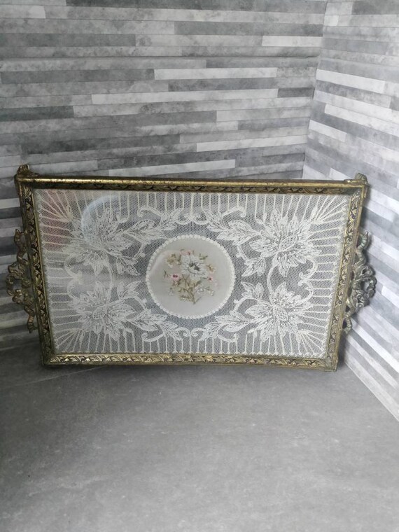 Vintage Lace Glass Tray Dressing Table Tray Petit Point