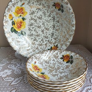 Set of 6 Foley Yellow Rose Floral Bowls and Large Serving Bowl