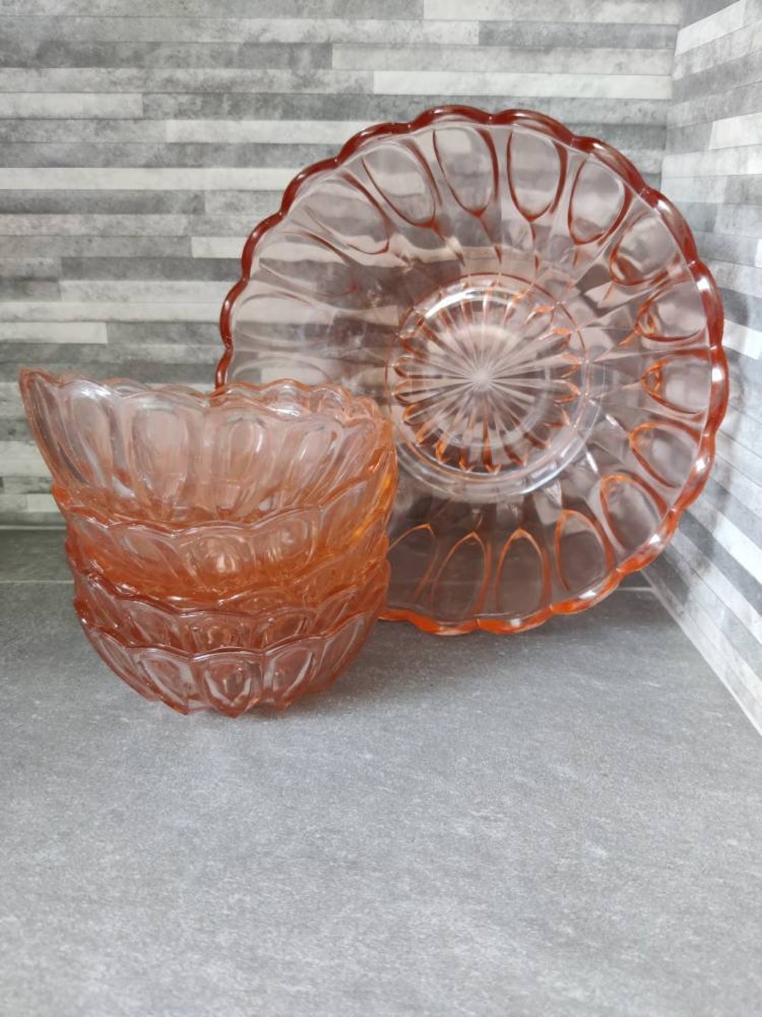 Pink Glass Serving Bowl and 5 Matching Dessert Bowls Etsy