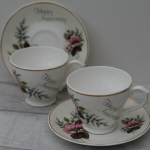 Mayfair Happy Anniversary Teacup and Saucer. Vintage cup and saucer. Home decor. Hostess gift.