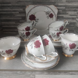 Royal Stafford Roses to Remember Tea Set: Vintage Red Rose Teacups