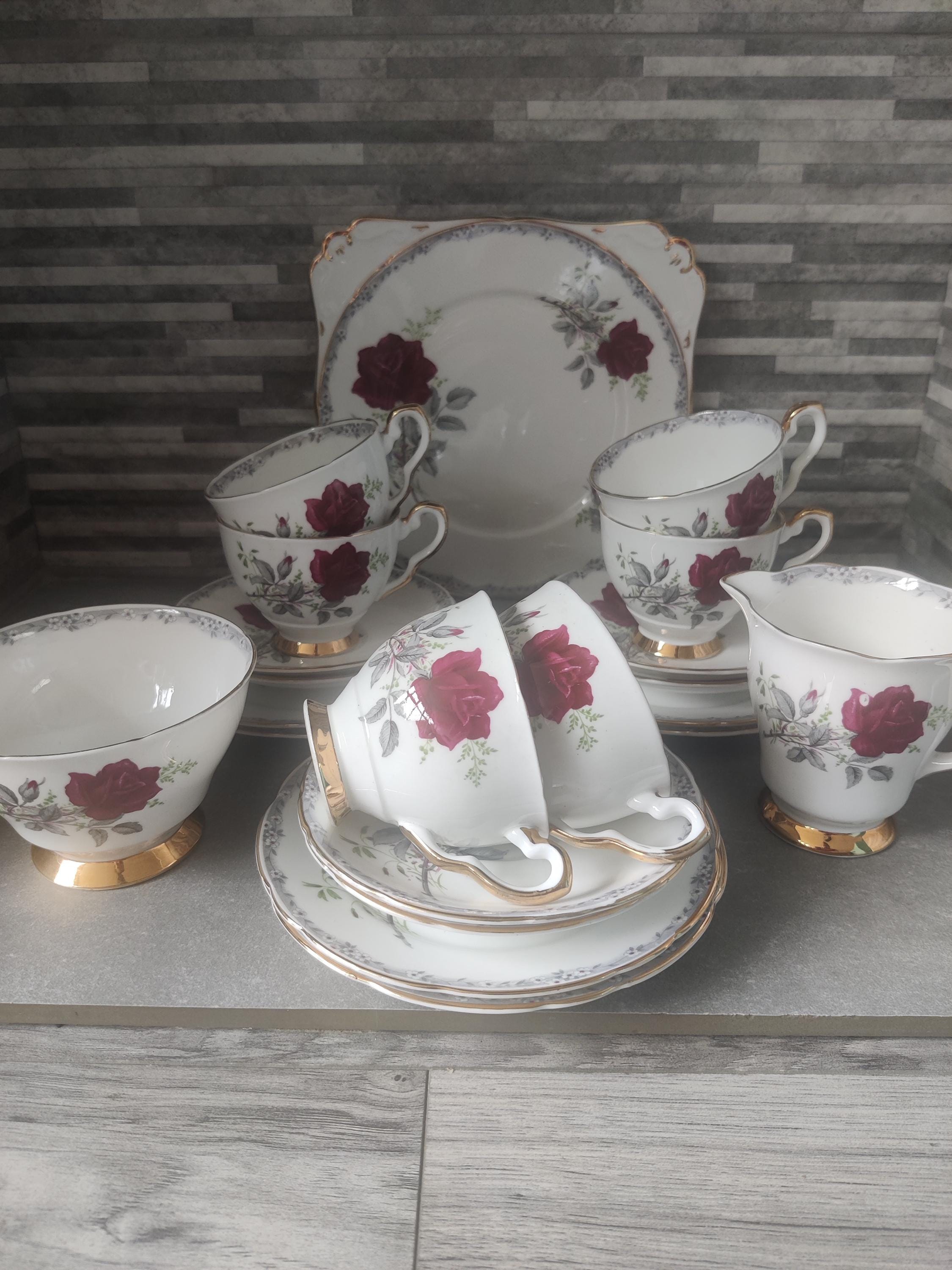 Royal Stafford Roses to Remember Tea Set: Vintage Red Rose Teacups