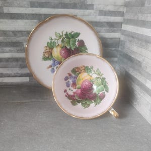 Royal Grafton Pale Pink Teacup and Saucer with fruit pattern. Vintage cup and saucer. Home decor.