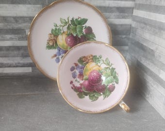 Royal Grafton Pale Pink Teacup and Saucer with fruit pattern. Vintage cup and saucer. Home decor.