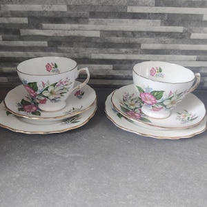 Pair of Crown Royal Trios - Teacup, Saucer and Tea plate with pink flowers. Vintage cup and saucer. Home decor.