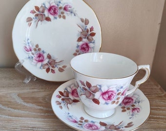 Queen Anne Pink Flower Trio -  Teacup, Saucer and Tea Plate. Home decor.