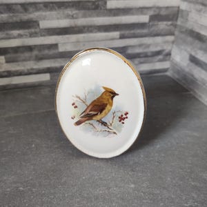 May include: An oval white ceramic container with a gold rim, decorated with a detailed illustration of a bird on a branch with red berries. The bird has brown and yellow feathers. The container is oval-shaped.