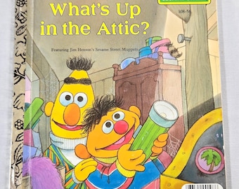 Vintage 80's Sesame Street Little Golden Book, "What's Up in the Attic?" written by Liza Alexander, Illustrated by Tom Cooke.