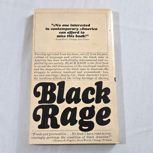 May include: The back cover of the book "Black Rage" is shown. The title is in large, bold, black, stylized letters. The cover has text from book reviews and a description of the book's contents. The background is a light beige color.