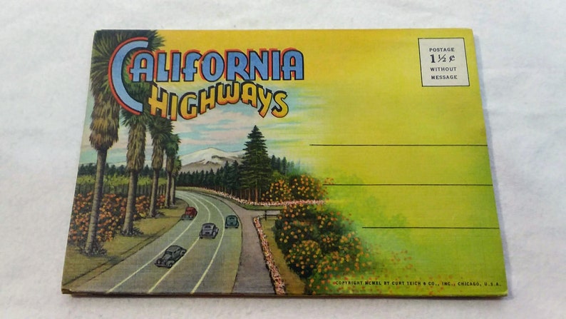 Vintage 1940/'s Travel Ephemera Souvenir Postcard Folder featuring California Highways Includes 18 Views. 1940