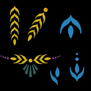 May include: A set of decorative elements in various colours, including yellow, blue, and purple. The elements are stylised and resemble leaves, flowers, and geometric shapes.