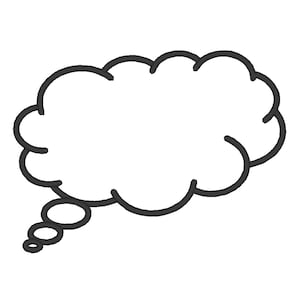 Puede incluir: Un contorno en blanco y negro de un globo de pensamiento con una serie de burbujas más pequeñas que lo siguen.