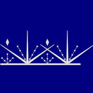 May include: A white snowflake design with three points, each with a series of small white circles, on a dark blue background.
