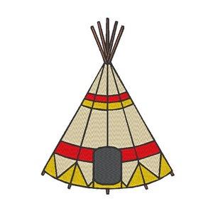 May include: A brown and white teepee with a red and yellow striped pattern and a black flap door.