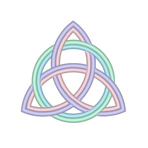 Puede incluir: Un diseño de nudo triquetra con tres círculos entrelazados en rosa pastel, azul claro y lavanda.