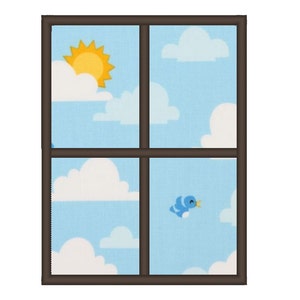 以下が含まれることがあります： 4つの窓枠のある窓で、青い空に白い雲、黄色い太陽、青い鳥が描かれています。