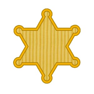 May include: A gold-colored sheriff's star badge with a wood-grain texture.