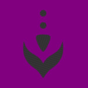 May include: A stylised black design on a purple background. The design features a triangle shape with two curved lines extending from the bottom, resembling a flower.