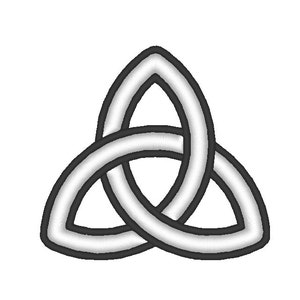 May include: A silver Celtic knot design with a black outline. The knot is a traditional symbol of love, friendship, and unity.