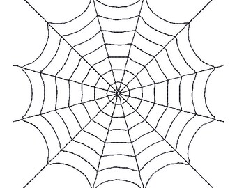 May include: A black and white illustration of a spider web with a circular center.