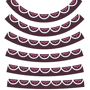 Peut inclure: Six bordures festonnées de tailles différentes avec un fond blanc et des accents roses. Les bordures sont courbes et présentent un motif décoratif.