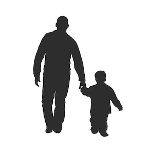 Puede incluir: Silueta negra de una persona tomándose de la mano con un niño sobre un fondo blanco. Las figuras están representadas en negro sólido, lo que sugiere una relación padre-hijo. La imagen es sencilla y gráfica.
