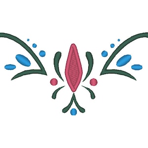 Op de afbeelding: Een symmetrisch ontwerp met een groen, blauw en roze bloemenmotief. Het ontwerp heeft een centrale diamantvorm met gebogen lijnen en kleine cirkels.