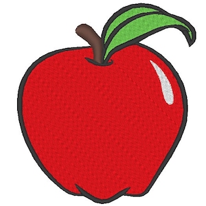 May include: A red apple with a green leaf on top. The apple is outlined in black and has a white highlight on the side.
