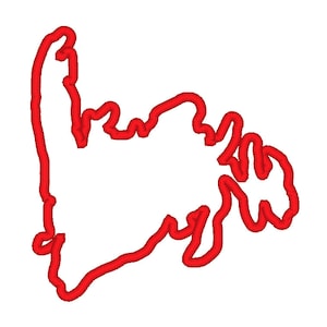 May include: A red outline of the shape of Prince Edward Island, Canada.