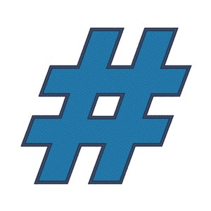 May include: A blue hashtag symbol with a dark blue outline. The symbol is made of a textured fabric.