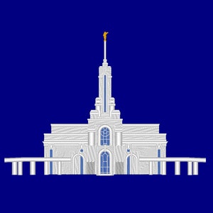 May include: A white, detailed illustration of a temple with a spire and a golden statue on top. The temple is set against a solid blue background.